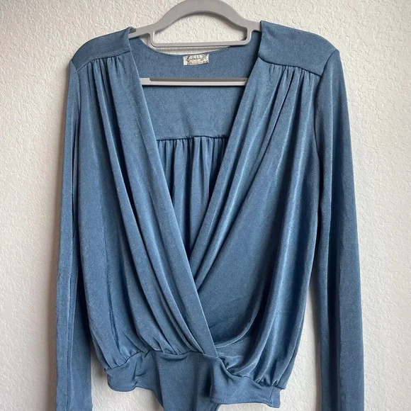 Free People Intimately Turnt Bodysuit Slate Blue Small V Neck Wrap Long Sleeve - Picture 7 of 10